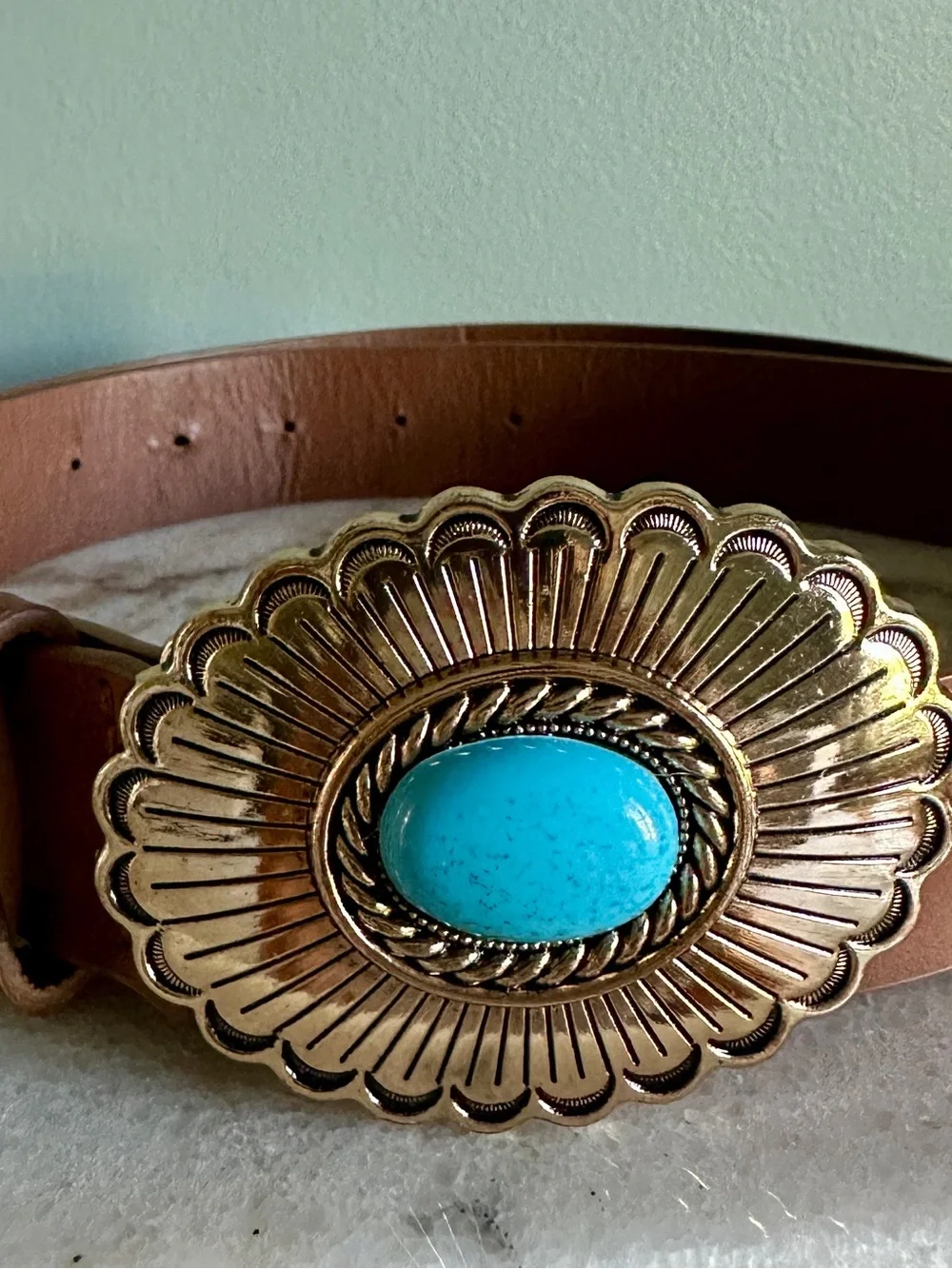 Western Turquoise Oval Concho Belt Buckle - Turquoise & Gold 34-40”